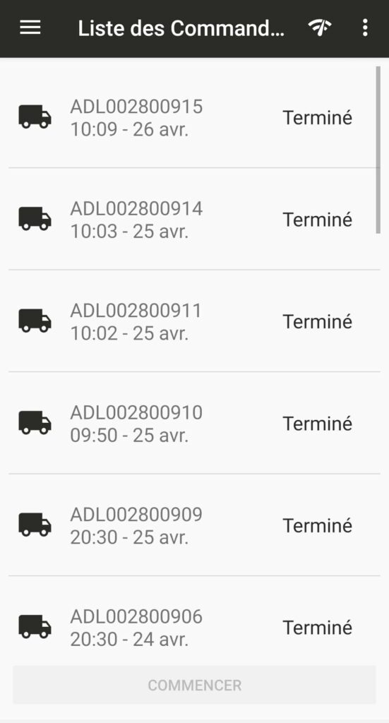 Application smartphone SMART Mobile, sur l'onglet liste des commandes